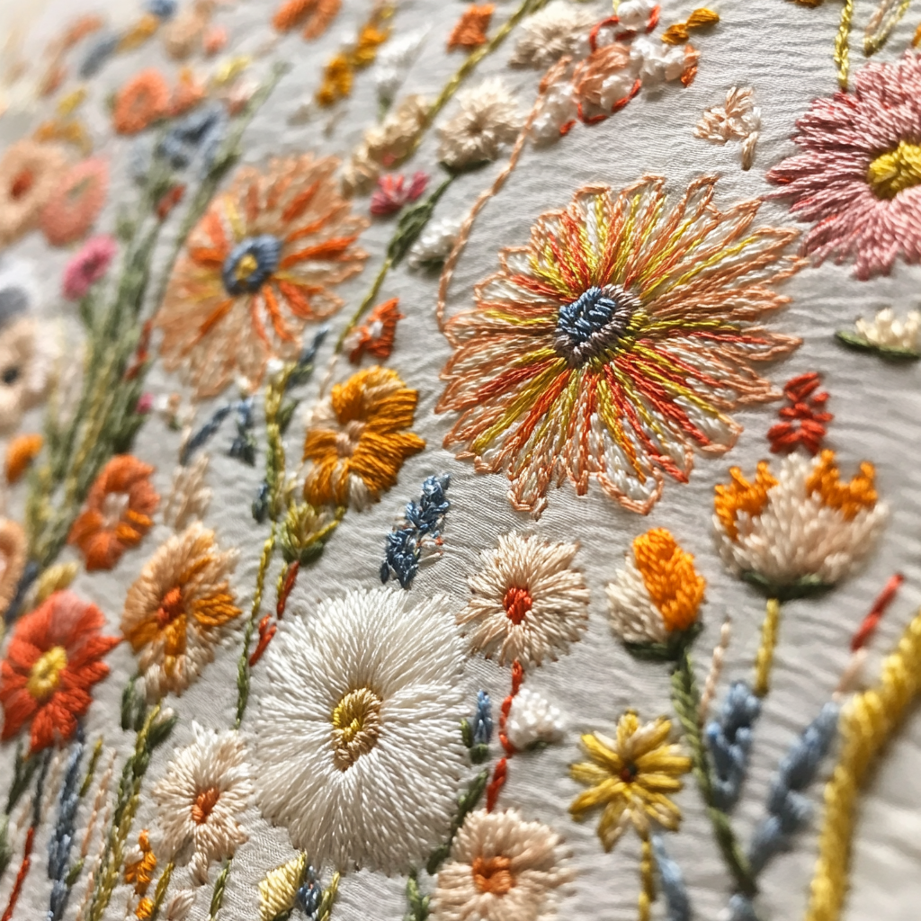 A close-up of traditional machine embroidery back