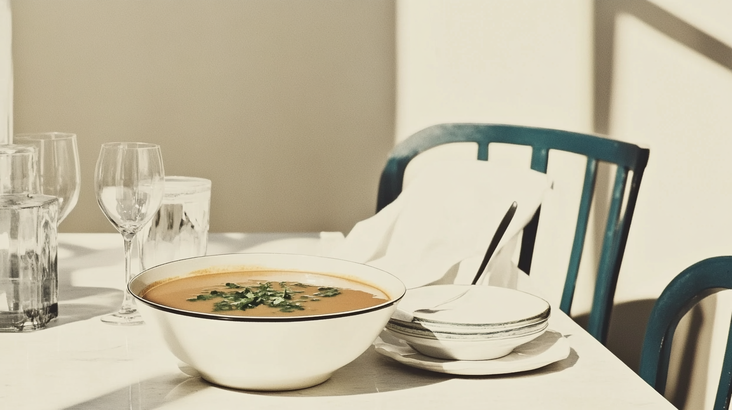 A close-up shot of chili soup indoors.