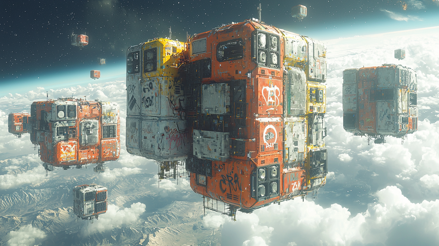 A cluster of cube space crafts by graffitied flats.