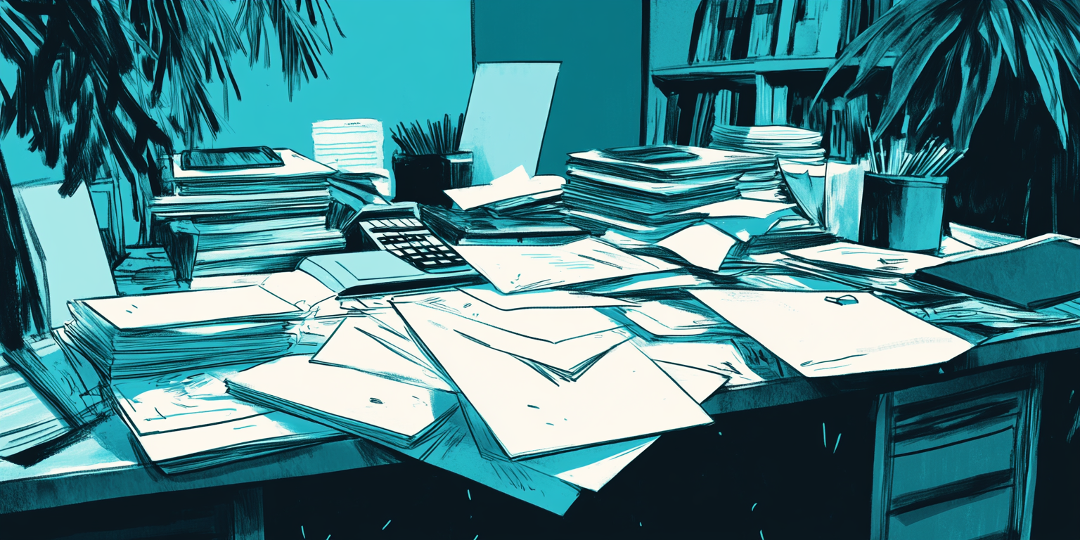 Cluttered desk in turquoise and blue tones in 2D Comic Book Style