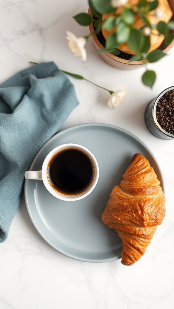 A coffee and croissant on a white table.