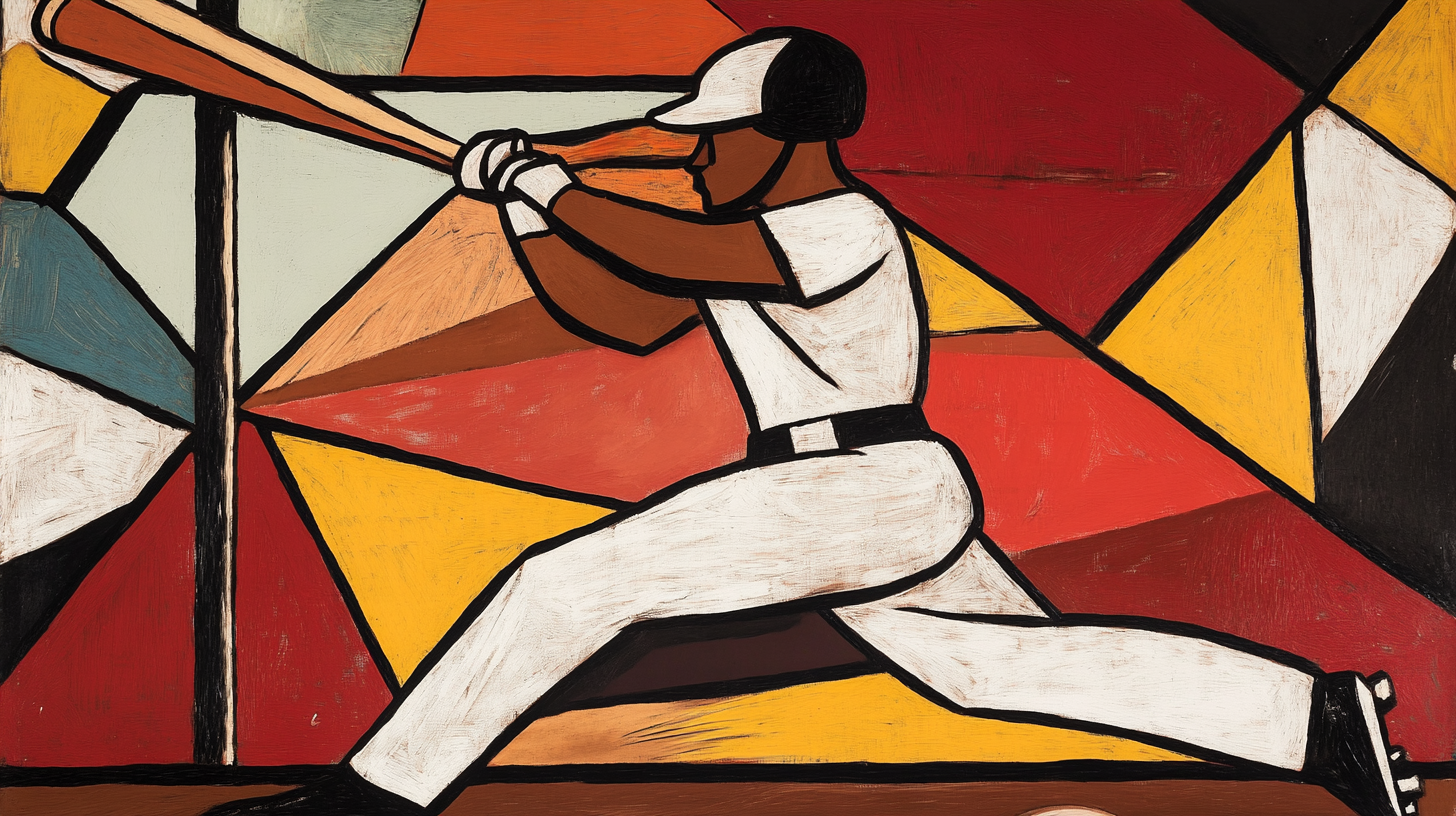 A colorful, bold Picasso-style baseball player batting