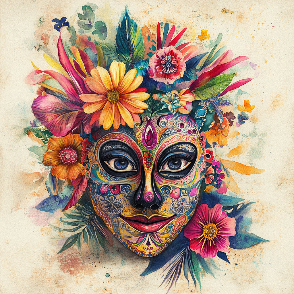 A colorful Carnaval mask with joyful, festive patterns.