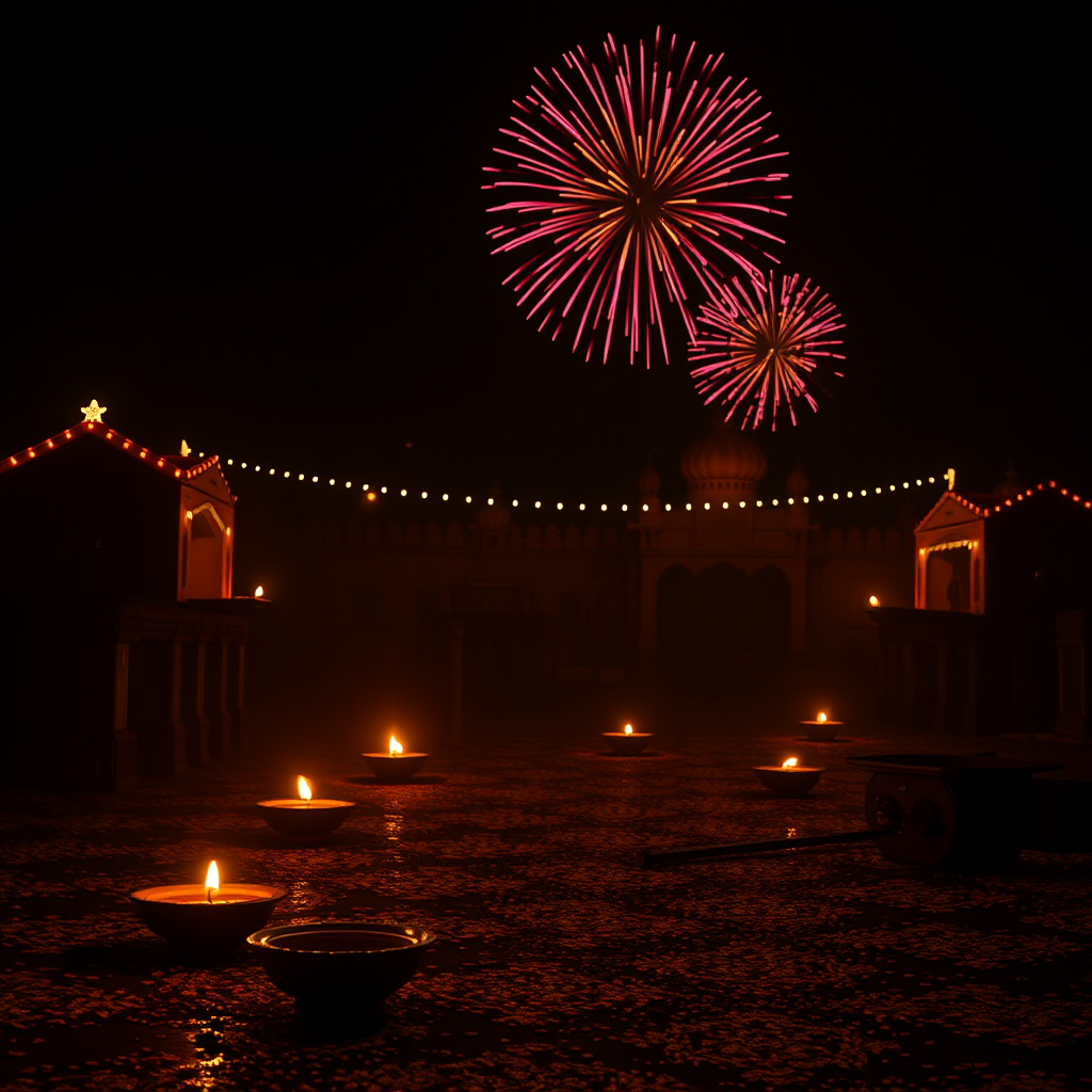 A colorful Diwali celebration with lights.