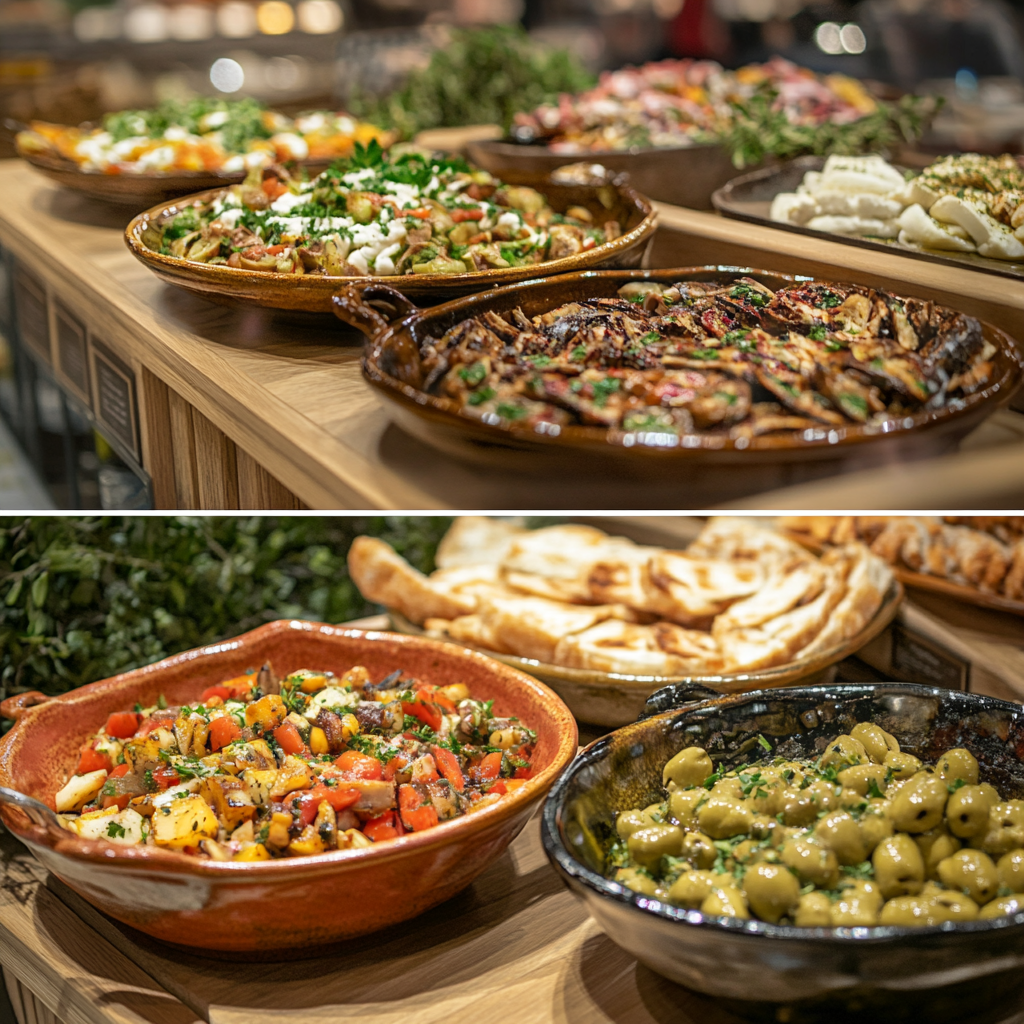 A colorful Mediterranean food fair with diverse dishes