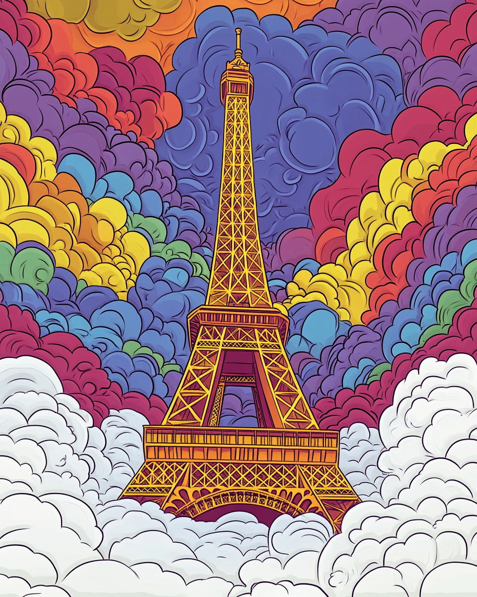 A colorful cartoon Eiffel Tower in Paris scene