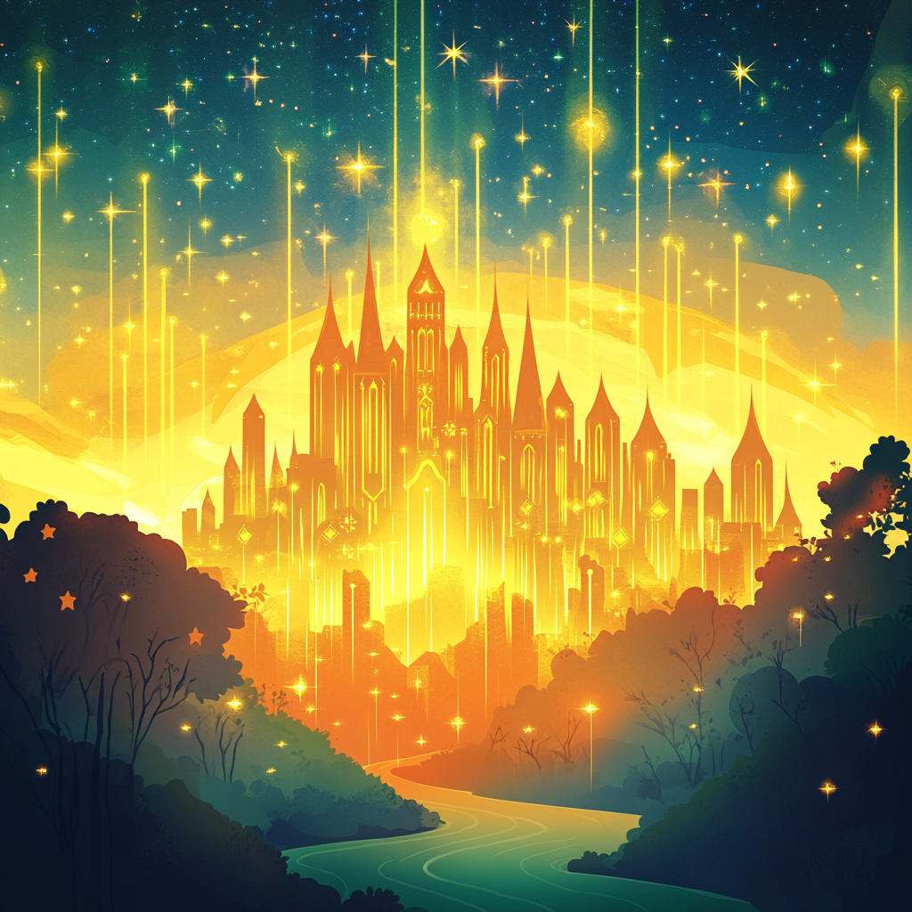 A colorful cartoon city, shining with golden light