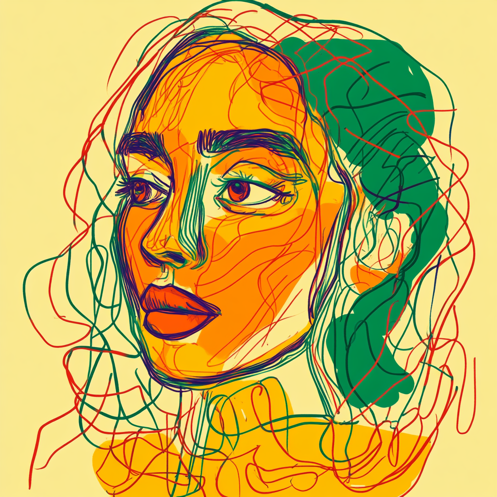 A colorful cartoon drawing of a woman's face