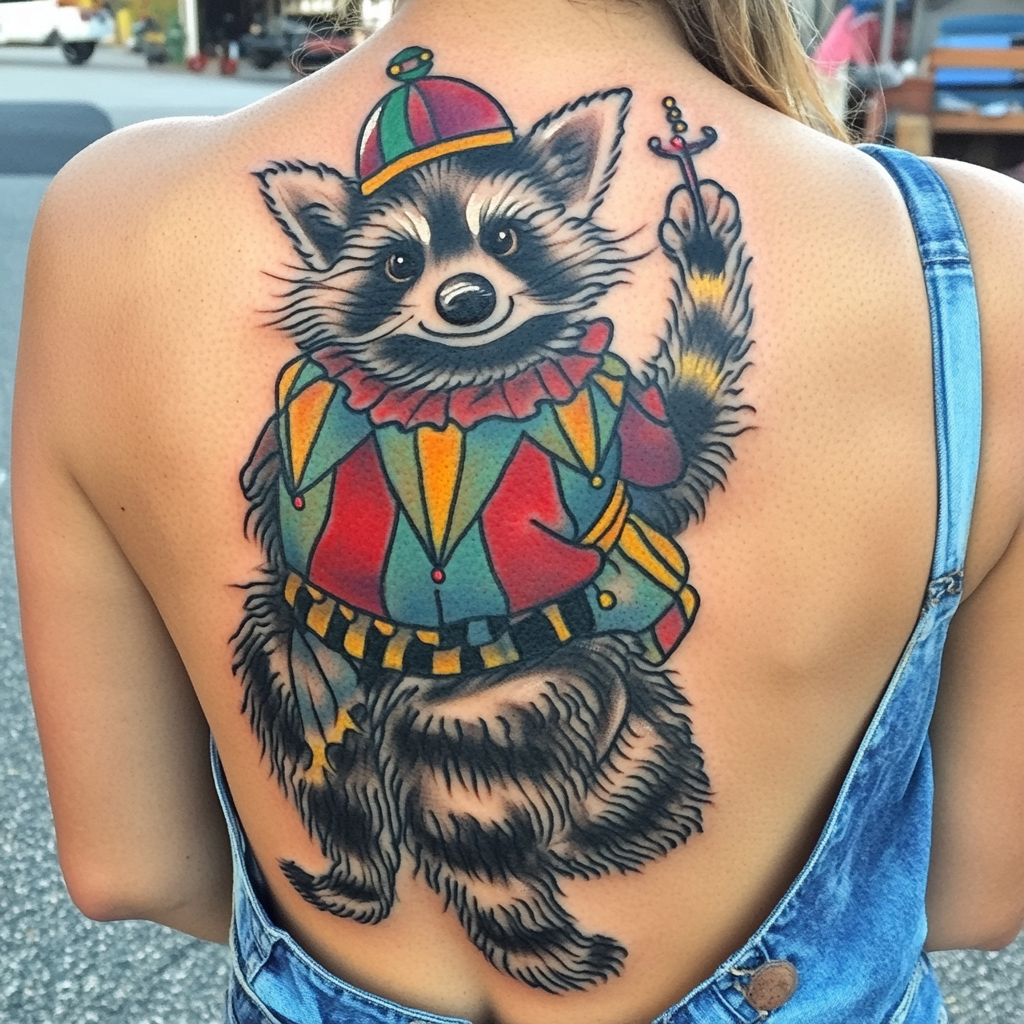 A colorful circus clown raccoon tattoo on shoulder.