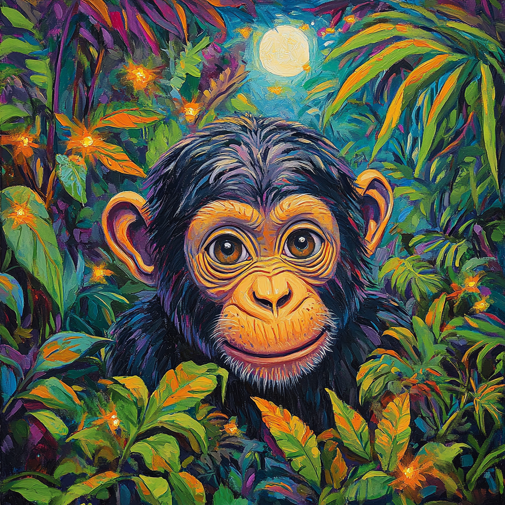 A colorful close-up painting of baby chimpanzee in jungle