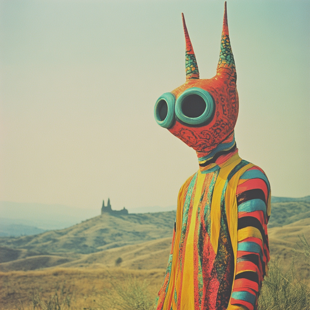 A colorful creature in a surreal castle field