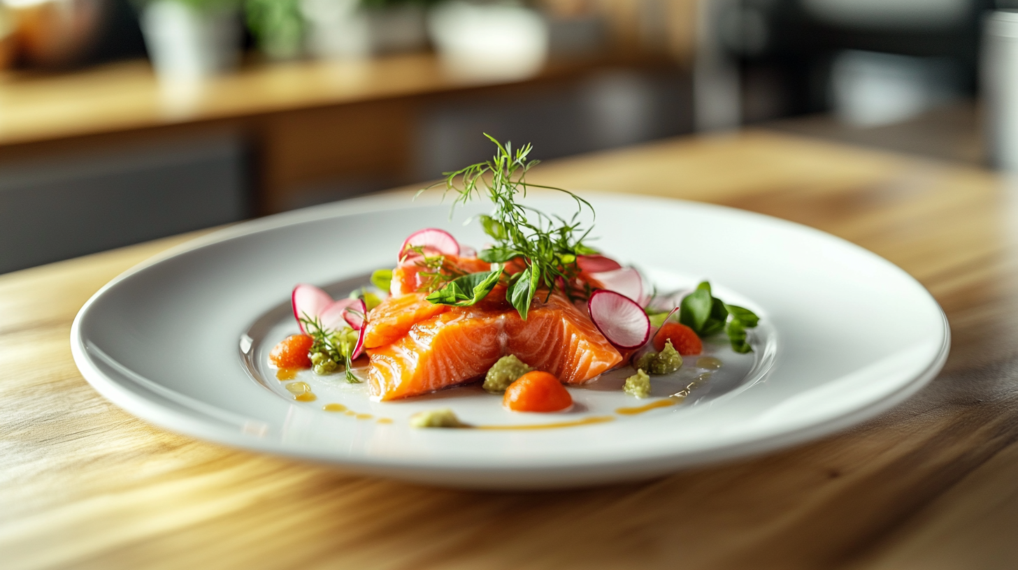 A colorful dish of salmon in modern kitchen.