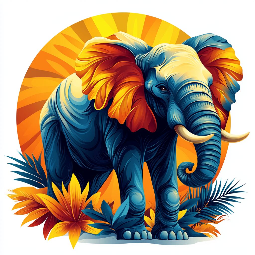 A colorful elephant under a bright sun