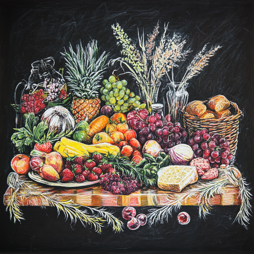 A colorful food table drawn on a chalkboard