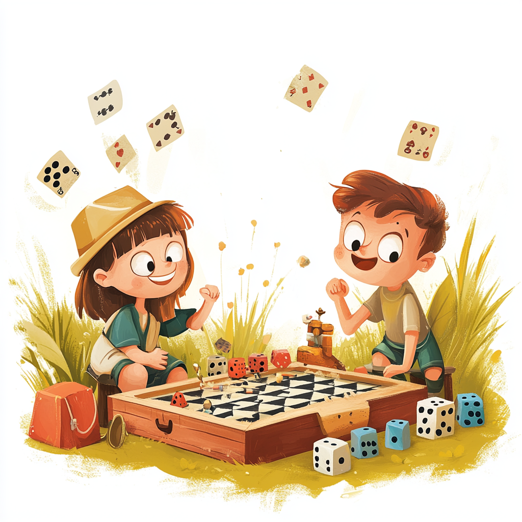 A colorful illustration of people playing games and crafting