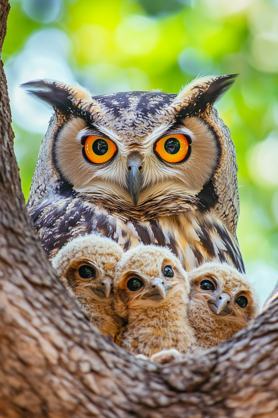 A colorful owl protecting her colorful owl babies.