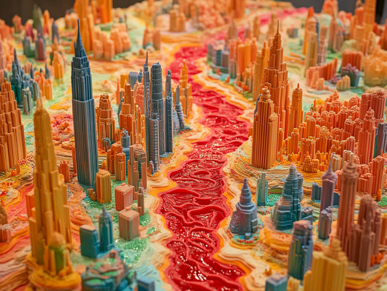 A colorful plastic city with tall towers and river