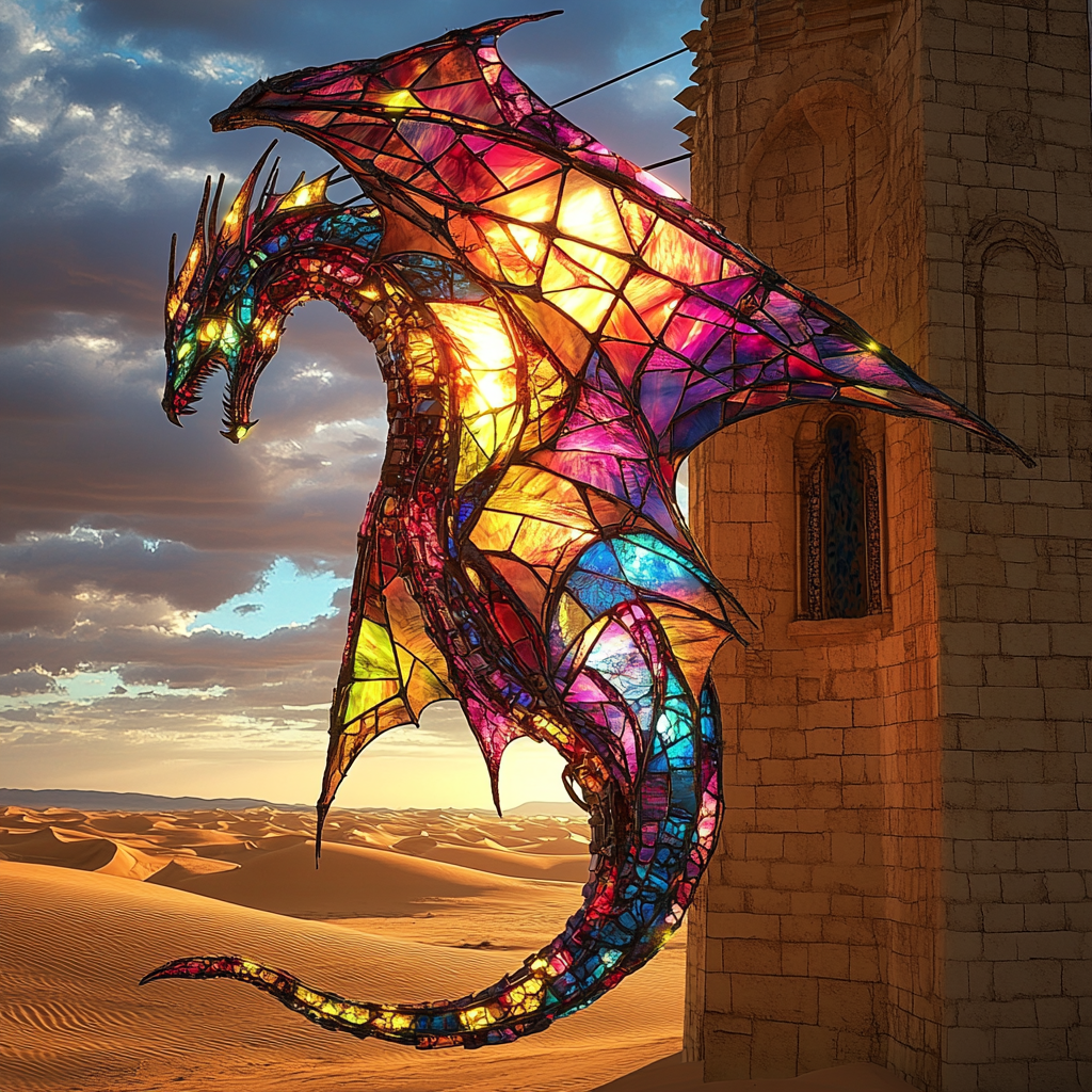 A colorful stained glass dragon on church tower.