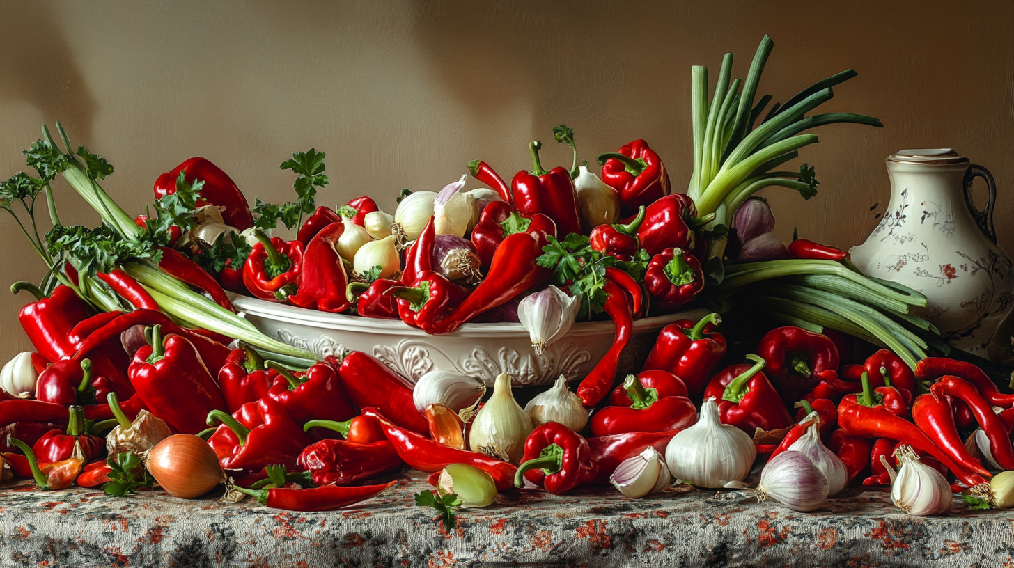 A colorful table with vegetables and garlic