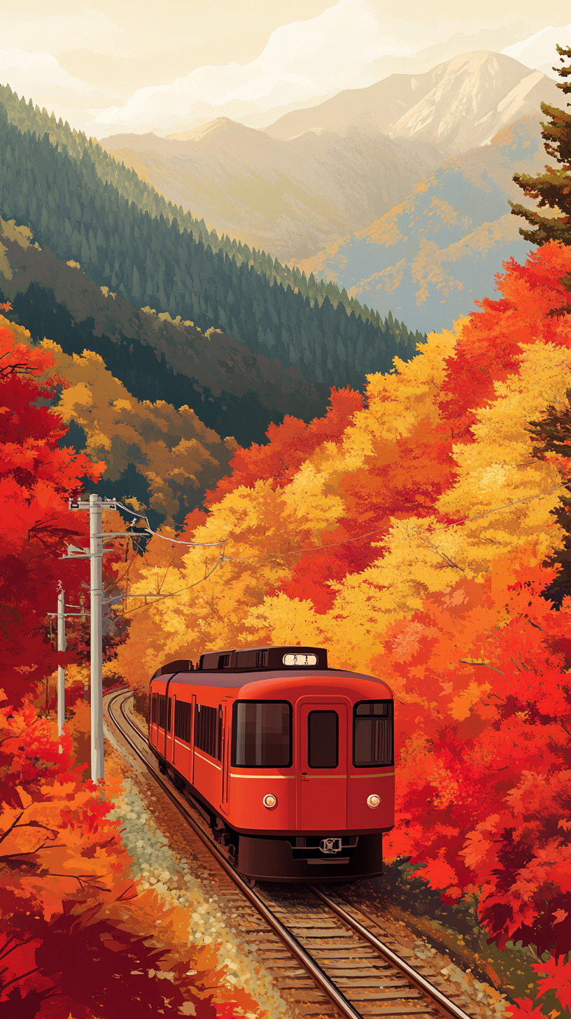 A colorful train travels through autumn mountain landscape