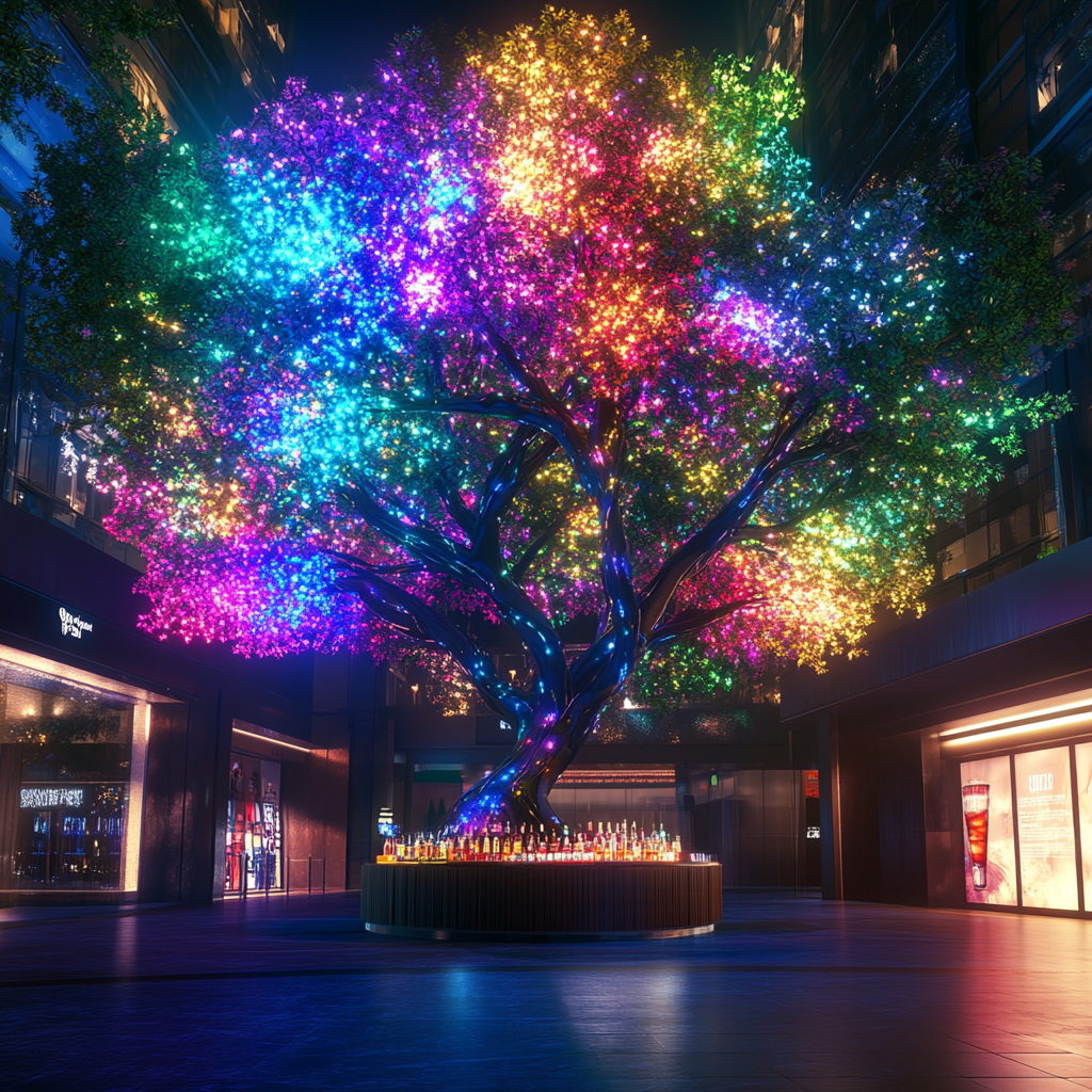 A colorful tree with glowing lights in mall.