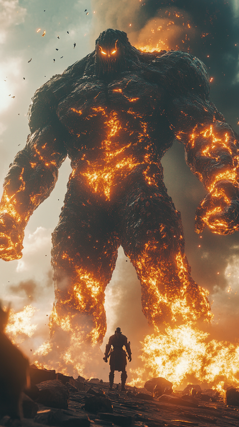 A colossal fire giant dominates an epic battlefield