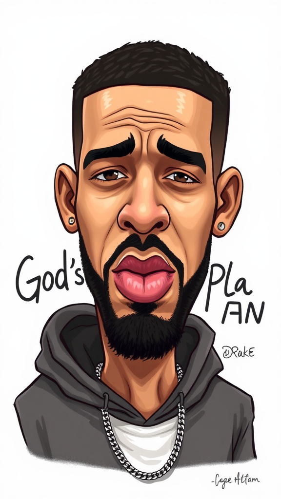 A comical drawing of Drake with God's Plan slogan.