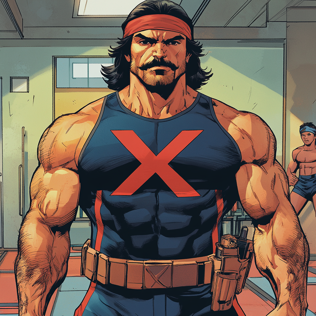 A confident Italian-American superhero coach in gym attire