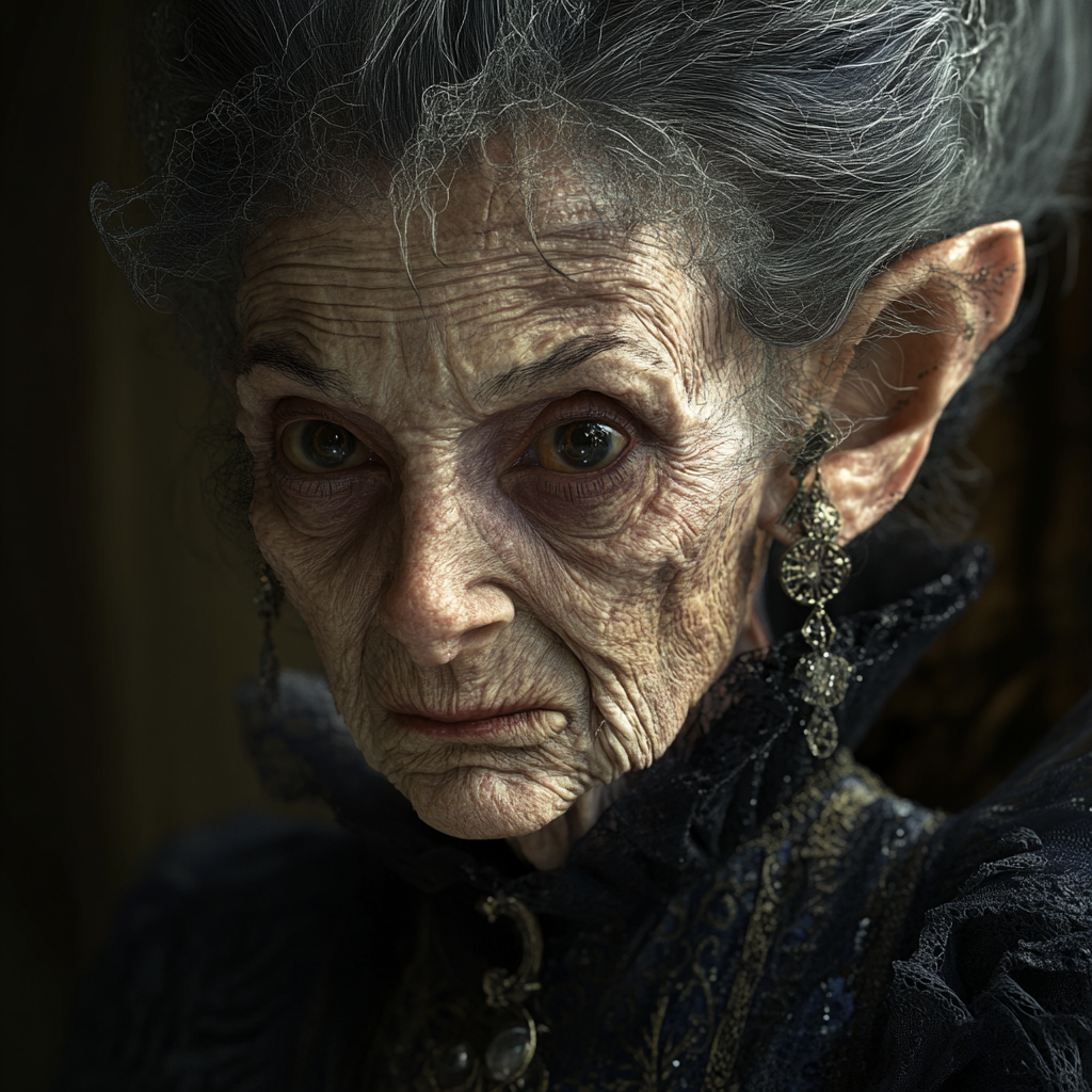 A confident elderly dark fairy in Victorian attire