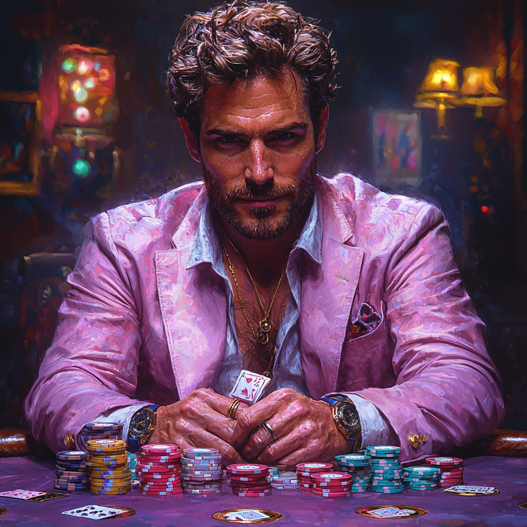 A confident man at poker table with chips.