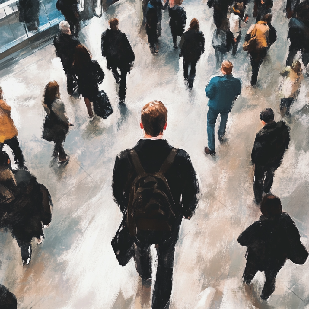 A confident man walks through crowded airport