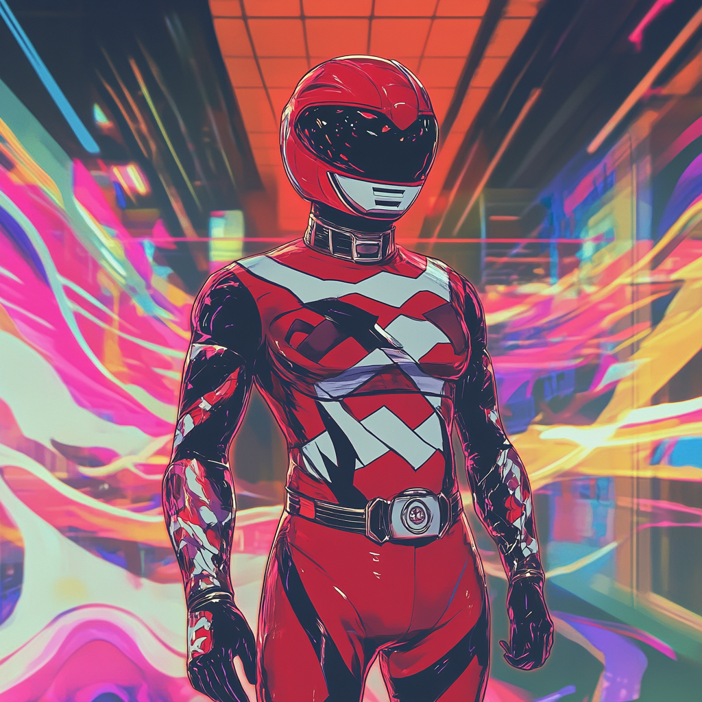 A confident red Power Ranger in vibrant city.