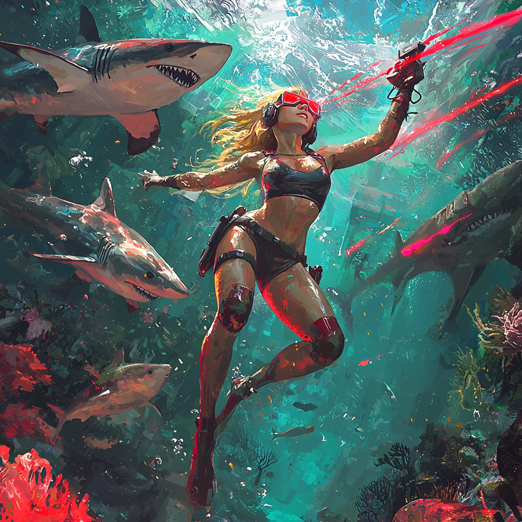 A confident woman battles robotic sharks underwater