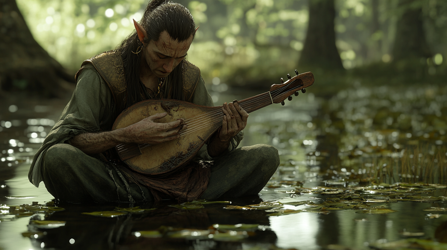 A confused male elf bard cries over broken lute.