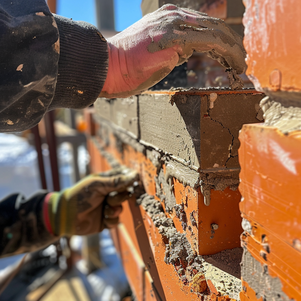 A construction worker placing brick on wall