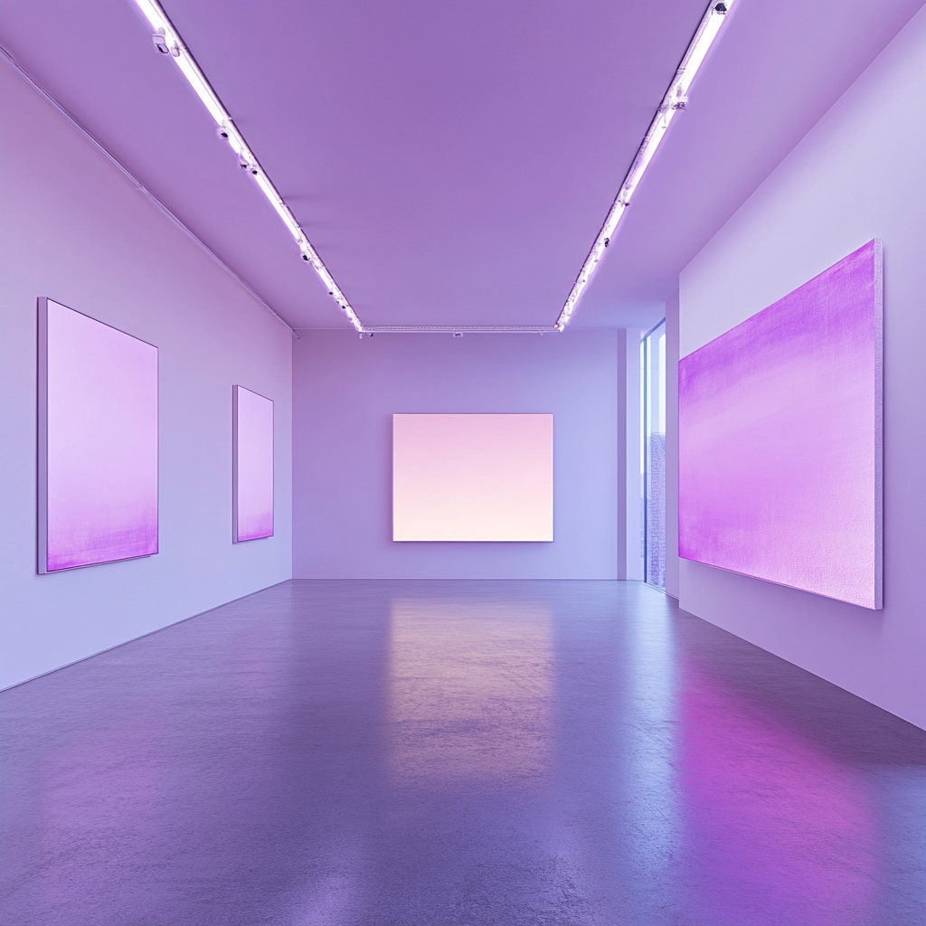 A contemporary art gallery with light purple tones.