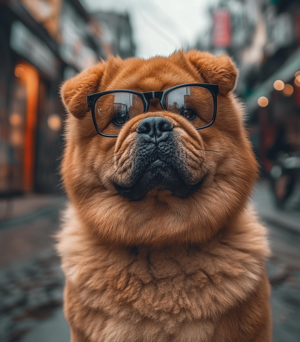 A cool Alabai dog wearing sunglasses on street.