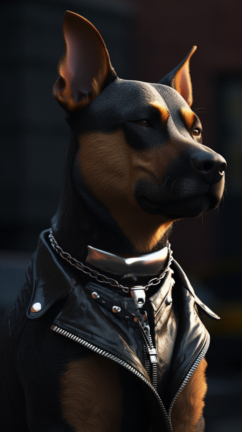 A cool dog in leather jacket and sunglasses.