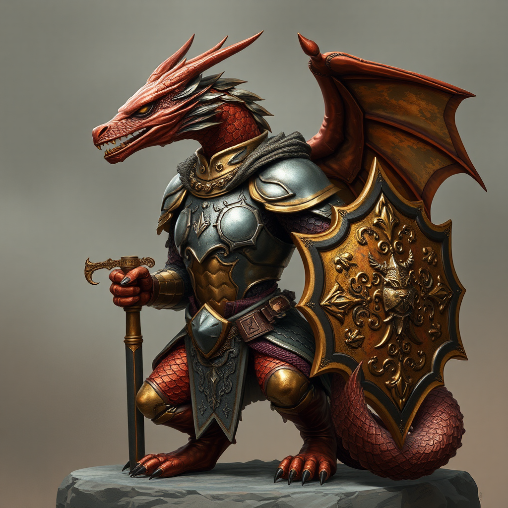 A copper dragonborn in armor with wolf cape