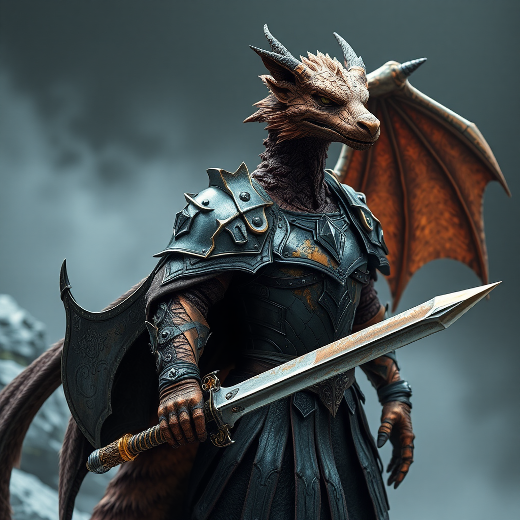 A copper dragonborn warrior with armor, sword, shield.