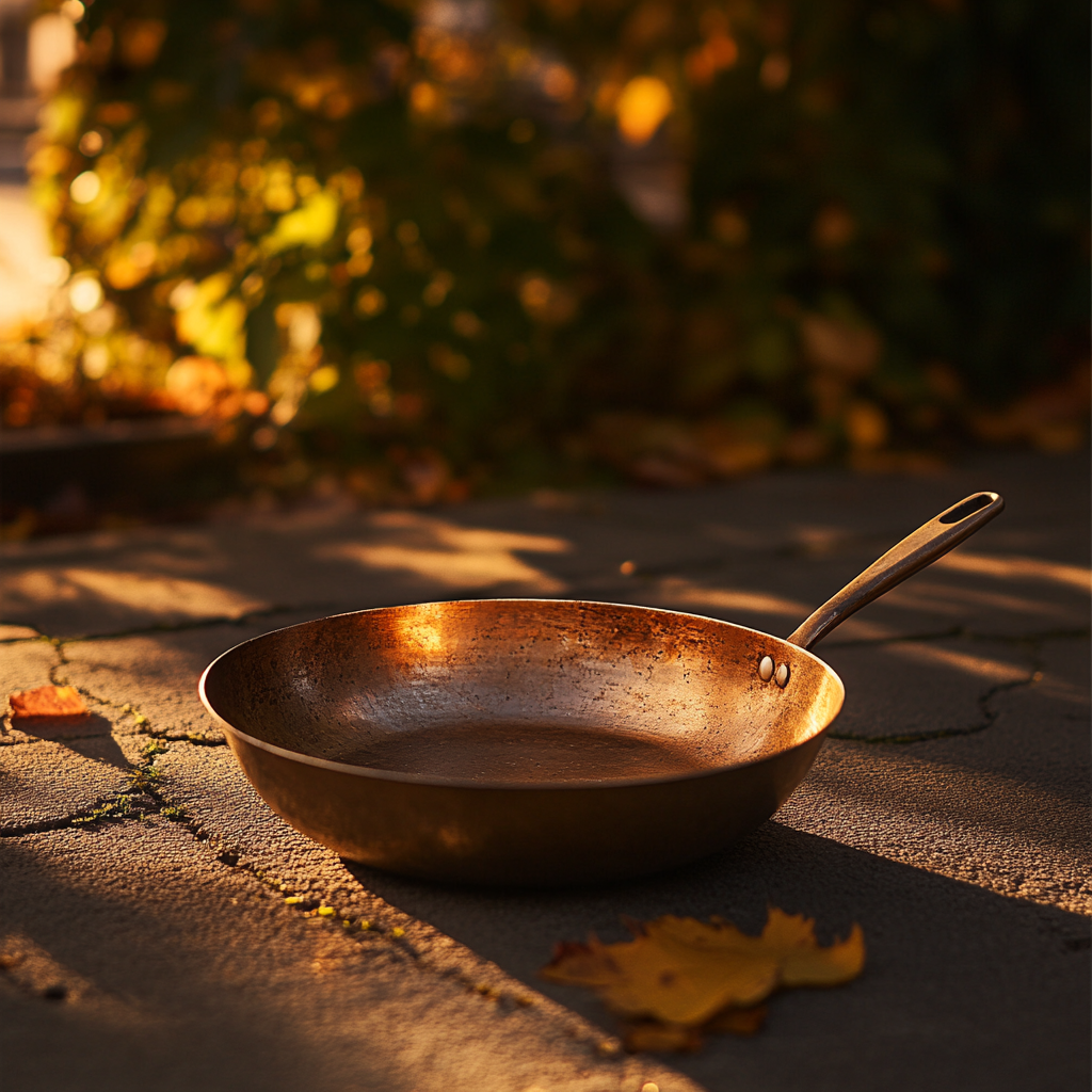 A copper pan with a matte effect in the evening light on a terrace