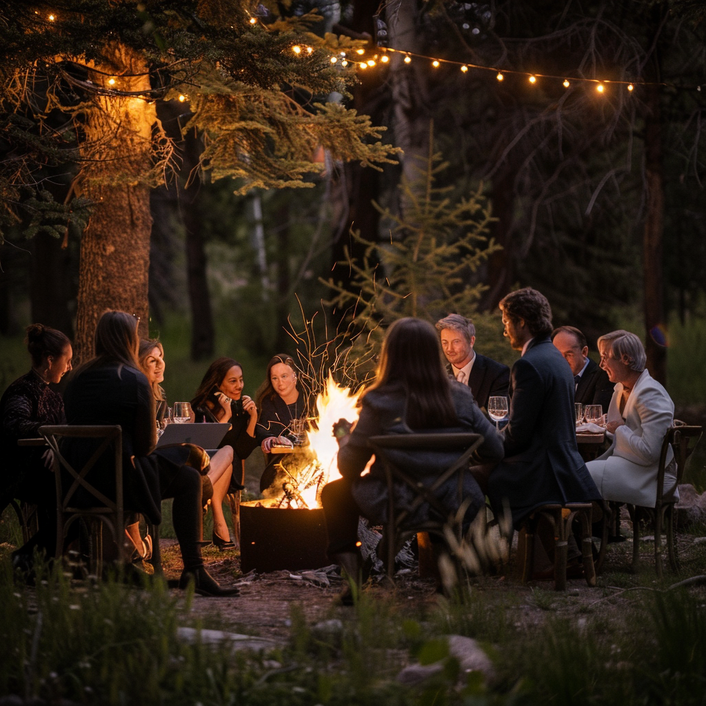 A corporate team around cozy forest bonfire