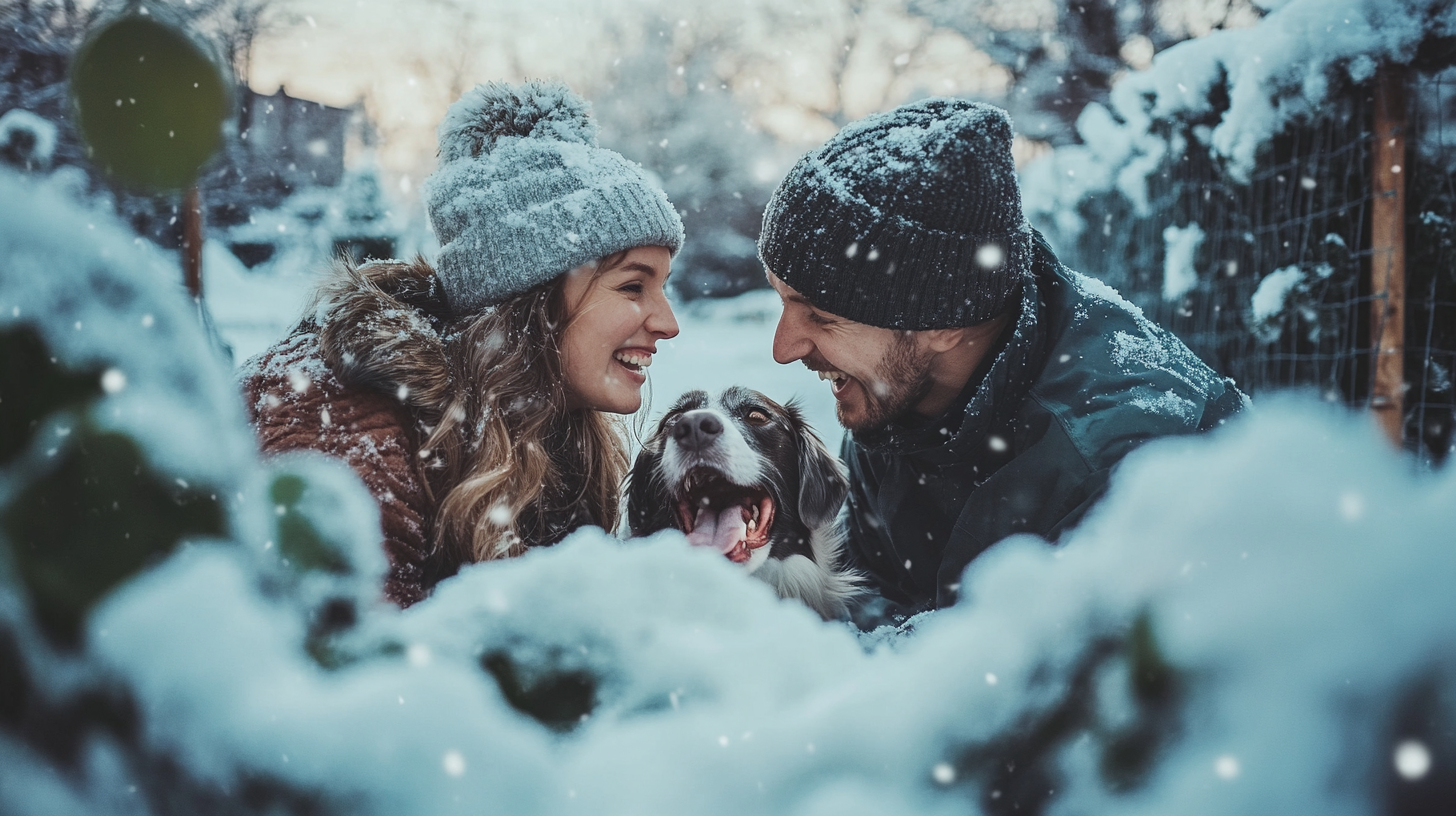 A couple finds their dogs in snowy garden.