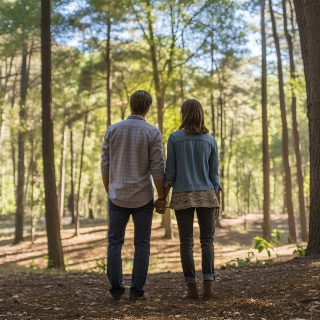 A couple in forest admiring nature together