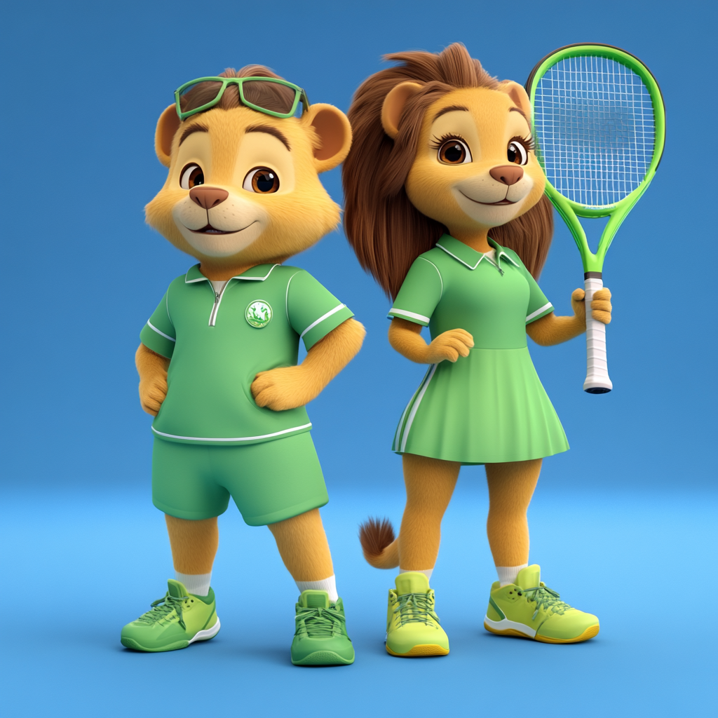 A couple of lions play doubles tennis.