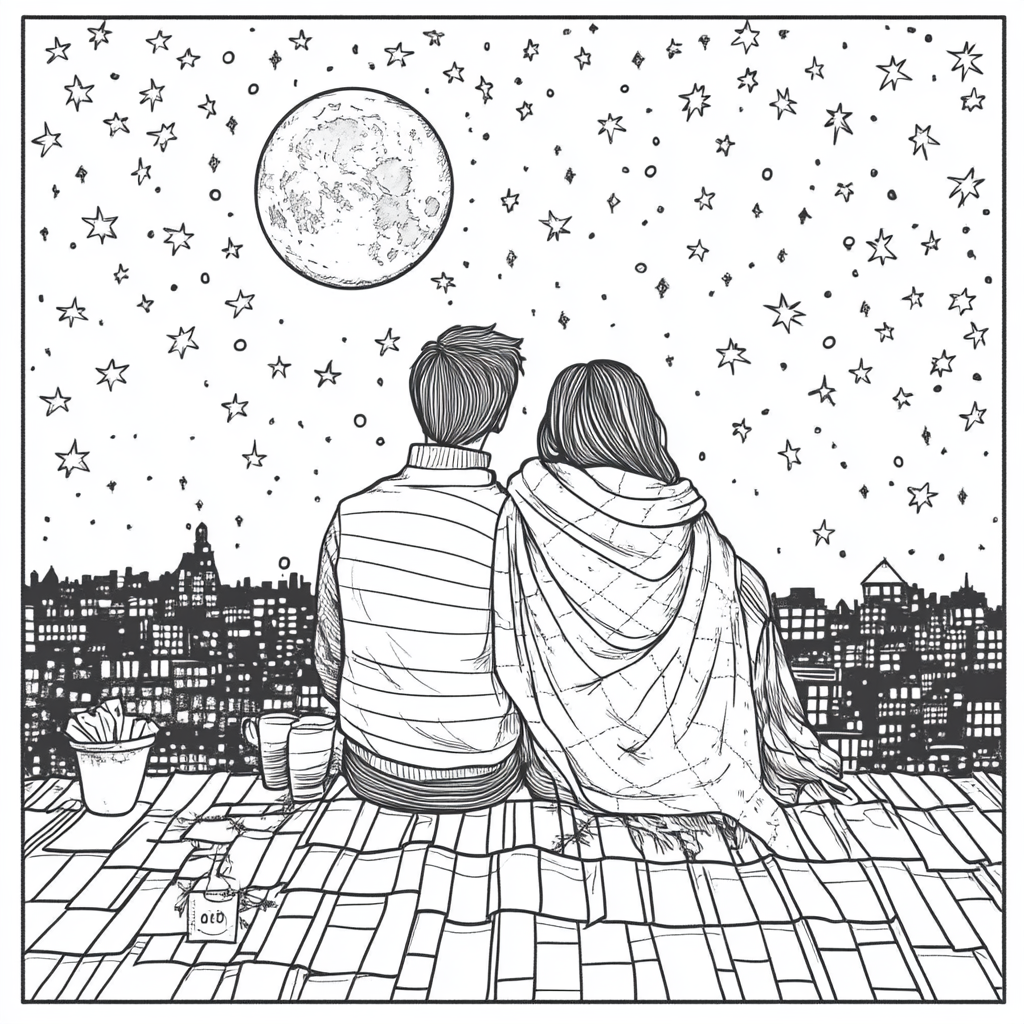 A couple sits on roof under stars, coloring book