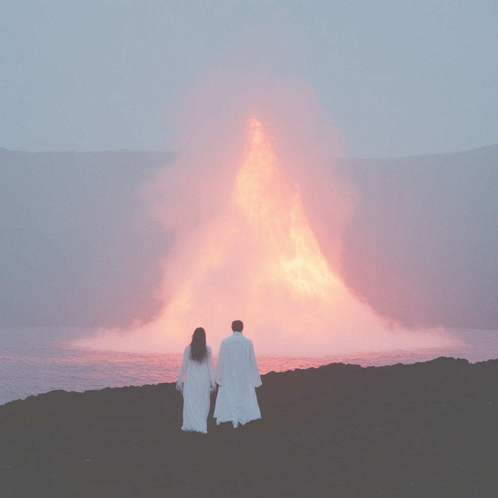 A couple walks to fire in sea at sunset.