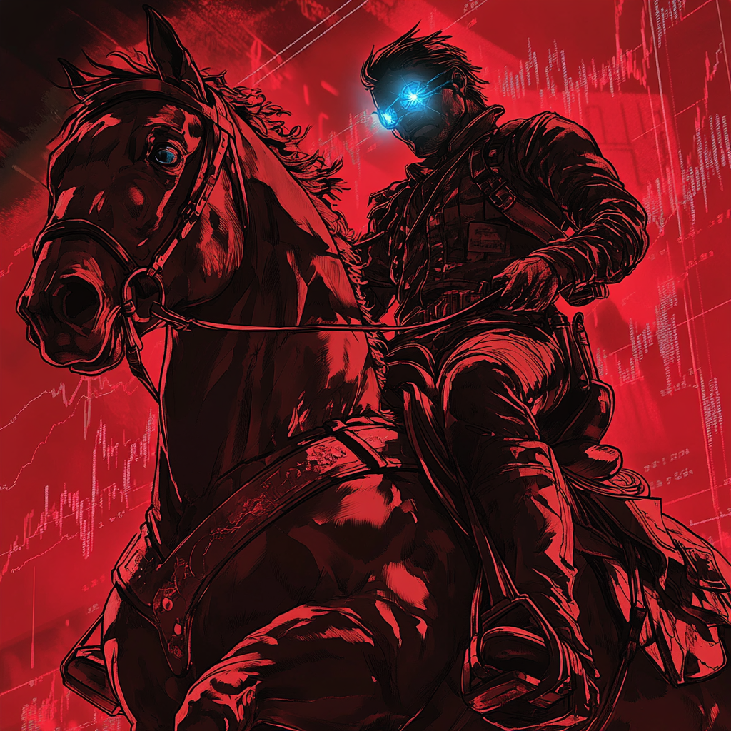 A cowboy on a rearing horse in red shadows.