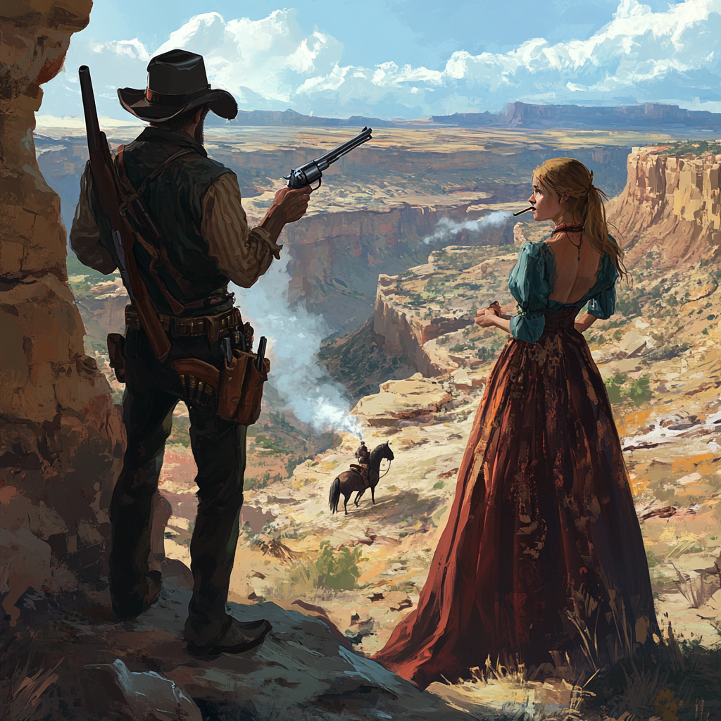 A cowboy with a rifle, woman, canyon, horses.