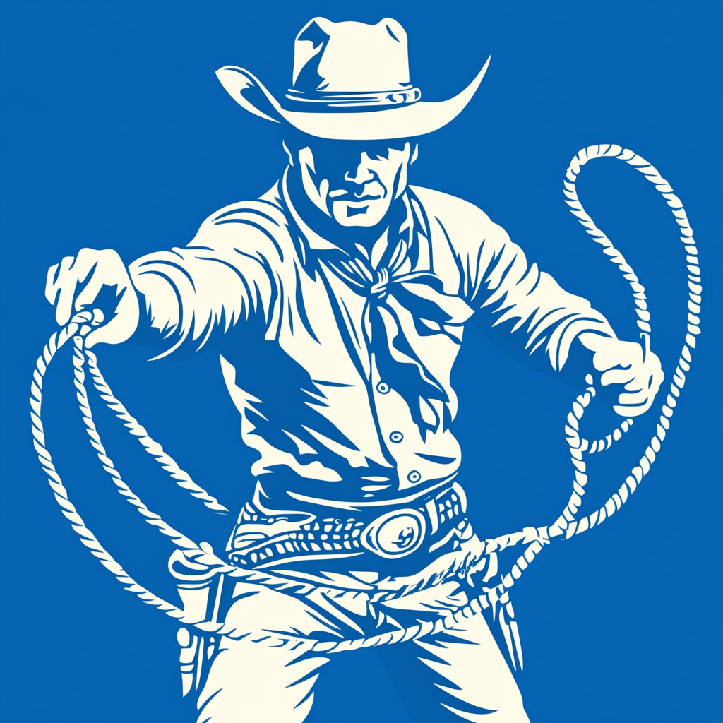 A cowboy with lasso and hat on logo